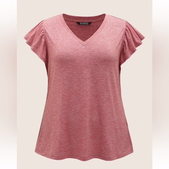 BloomChic Plus Size V Neck Heather Ruffle Cap Sleeve T-shirt - Picture 5 of 7